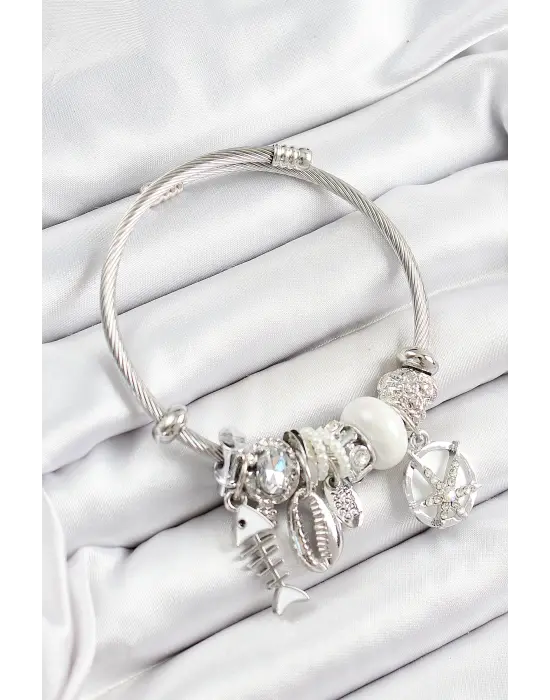 316L Çelik Beyaz Zirkon Taşlı Balık Deniz Kabuğu Ve Deniz Yıldızı Model Gümüş Renk Charm Bileklik