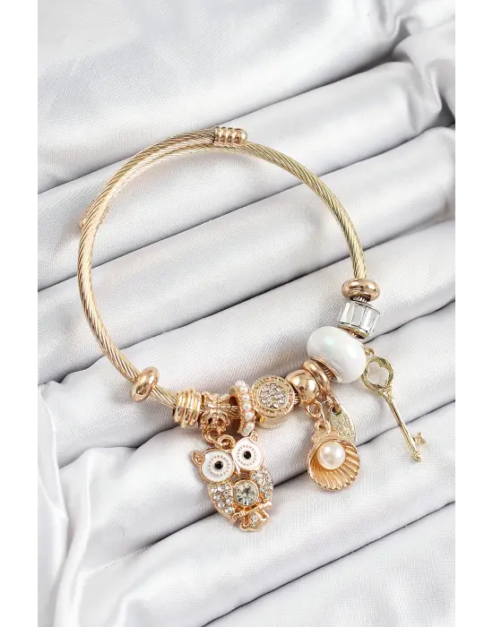 316L Çelik Beyaz Zirkon Taşlı Baykuş İstiridye Ve Anahtar Model Gold Renk Charm Bileklik