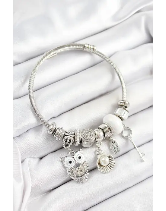 316L Çelik Beyaz Zirkon Taşlı Baykuş İstiridye Ve Anahtar Model Gümüş Renk Charm Bileklik