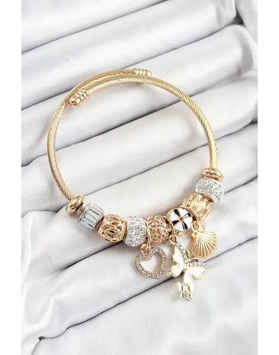 316L Çelik Beyaz Zirkon Taşlı Kalp Kelebek Ve İstiridye Model Gold Renk Charm Bileklik