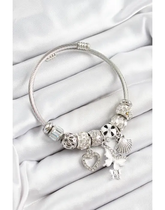 316L Çelik Beyaz Zirkon Taşlı Kalp Kelebek Ve İstiridye Model Gümüş Renk Charm Bileklik