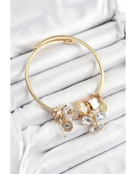 316L Çelik Beyaz Zirkon Taşlı Kelebek Model Gold Renk Charm Bileklik