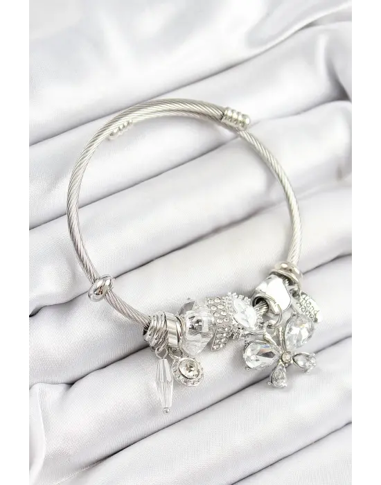 316L Çelik Beyaz Zirkon Taşlı Kelebek Model Gümüş Renk Charm Bileklik