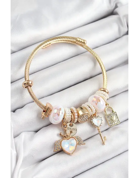 316L Çelik Beyaz Zirkon Taşlı Kilit Anahtar Ve Kalp Model Gold Renk Charm Bileklik