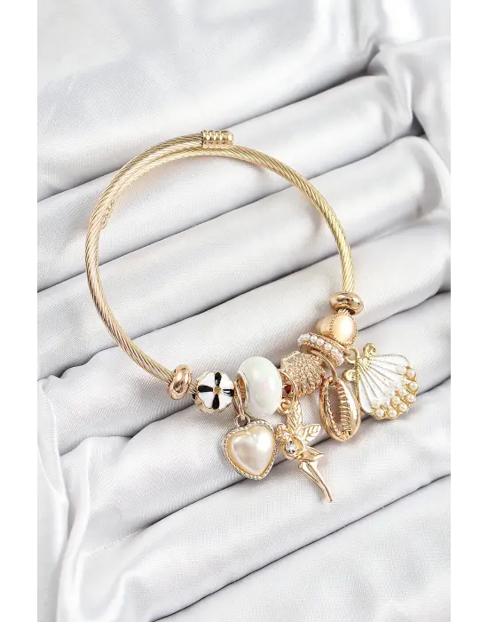 316L Çelik Beyaz Zirkon Taşlı Yıldız Melek İstiridye Ve Kalp Model Gold Renk Charm Bileklik