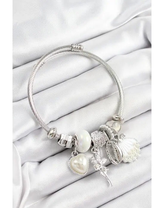 316L Çelik Beyaz Zirkon Taşlı Yıldız Melek İstiridye Ve Kalp Model Gümüş Renk Charm Bileklik