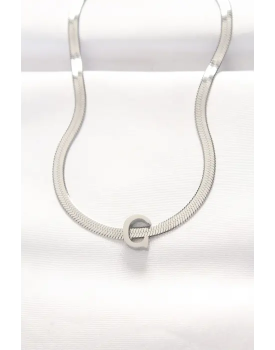  C Harfli Silver  İtalyan Zincirli Çelik Kolye