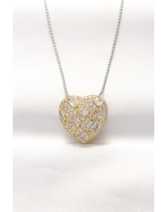  Çift  Zirkon Taşlı Kalp Çelik Kolye