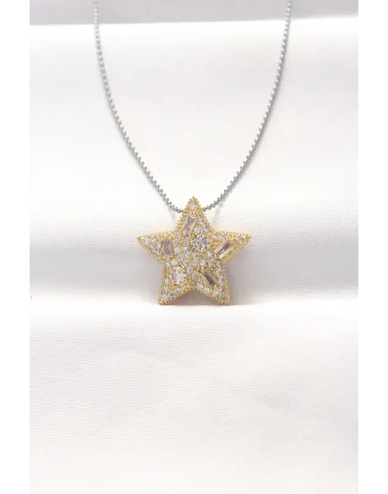  Çift  Zirkon Taşlı Yıldız Çelik Kolye