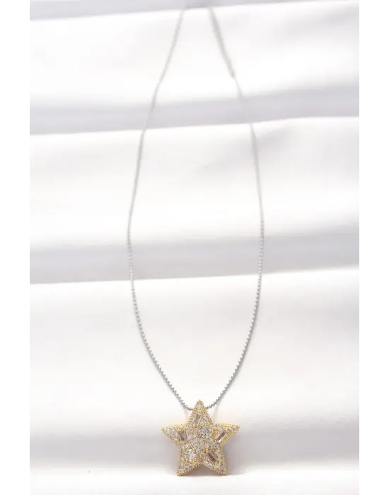  Çift  Zirkon Taşlı Yıldız Çelik Kolye