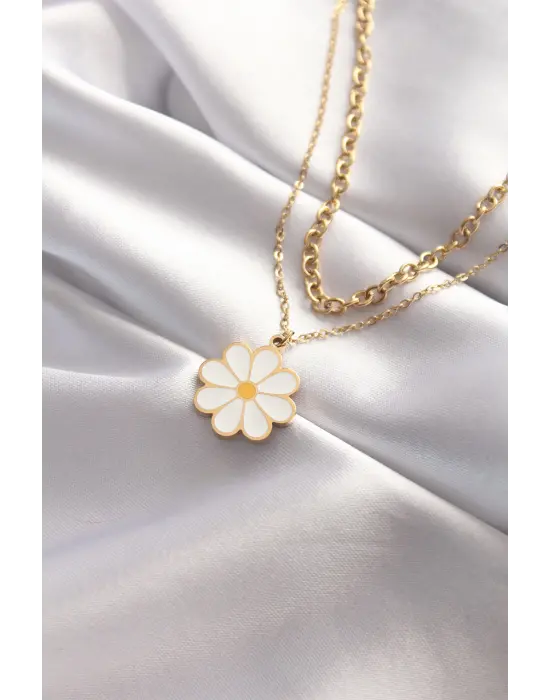  Çift Zincir Altın  Papatya Tasarımlı Çelik Kolye
