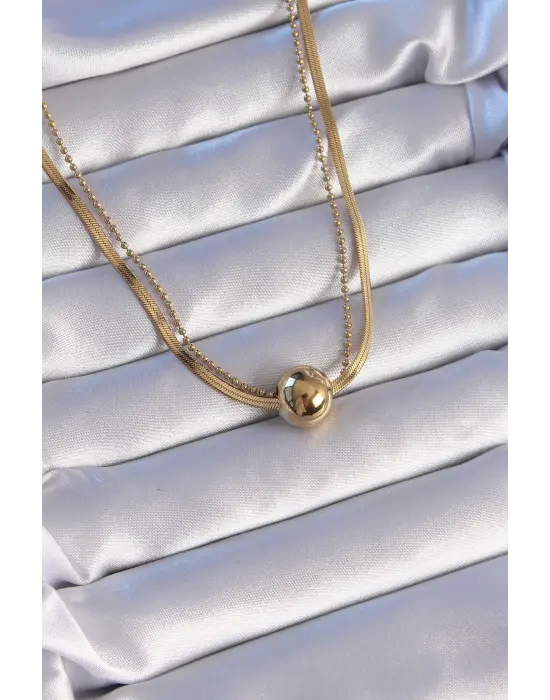  Çift Zincirli Altın  Topçuk İtalyan Model Çelik Kolye