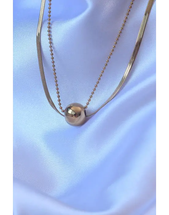  Çift Zincirli Altın  Topçuk İtalyan Model Çelik Kolye