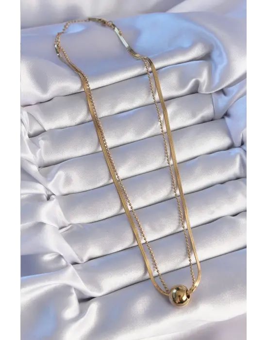  Çift Zincirli Altın  Topçuk İtalyan Model Çelik Kolye