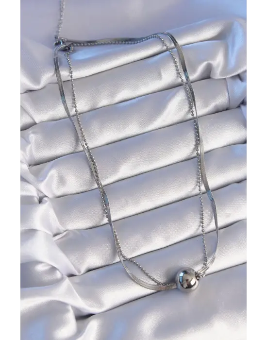  Çift Zincirli Gümüş  Topçuk İtalyan Model Çelik Kolye