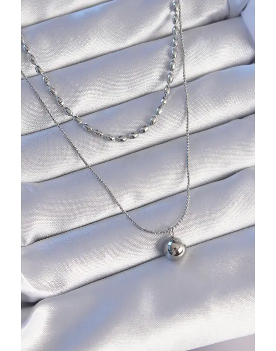  Çift Zincirli Gümüş  Topçuk Model Çelik Kolye