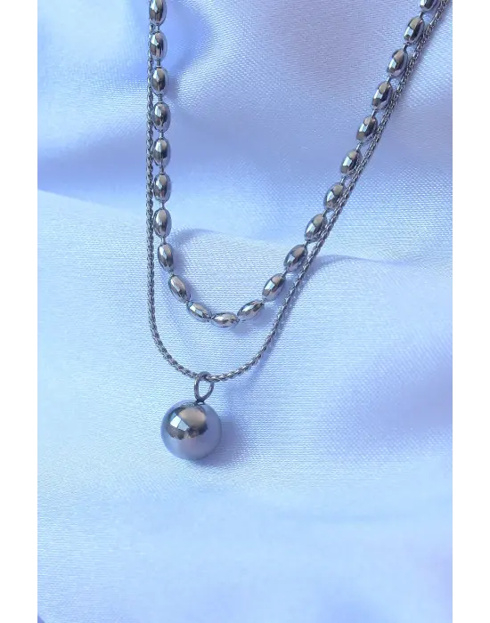 Çift Zincirli Gümüş  Topçuk Model Çelik Kolye