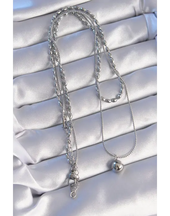  Çift Zincirli Gümüş  Topçuk Model Çelik Kolye
