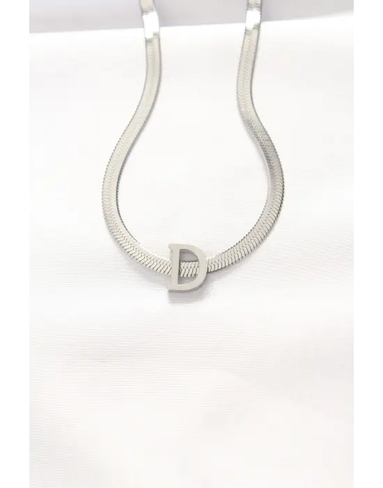  D Harfli Silver  İtalyan Zincirli Çelik Kolye