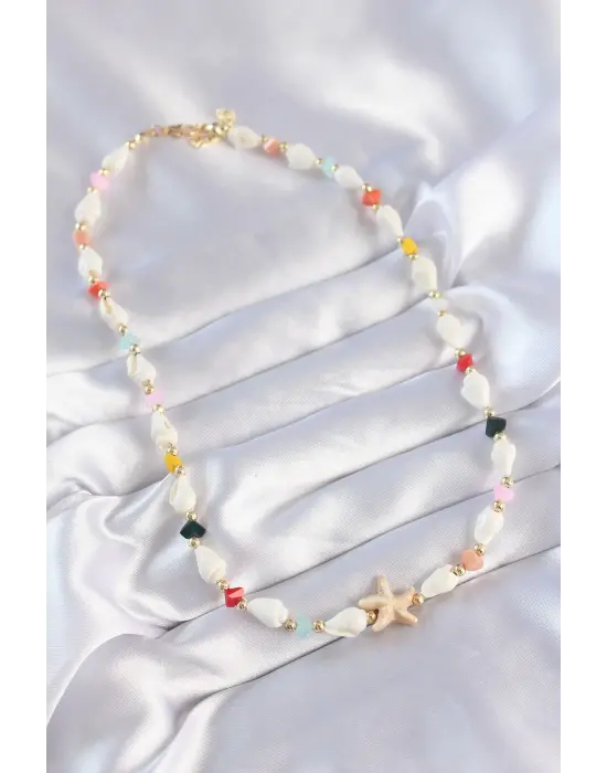  Deniz Kabuğu Tasarımlı li Zirkon Taşlı Deniz Yıldızı Çelik Kolye