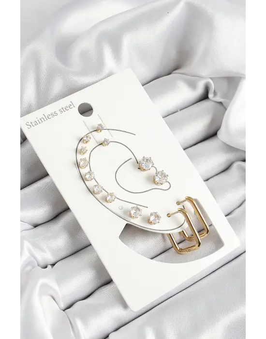 316L Çelik Dikdörtgen Figürlü Ve Zirkon Taşlı Gold Renk 7li Çift Kadın Küpe Set