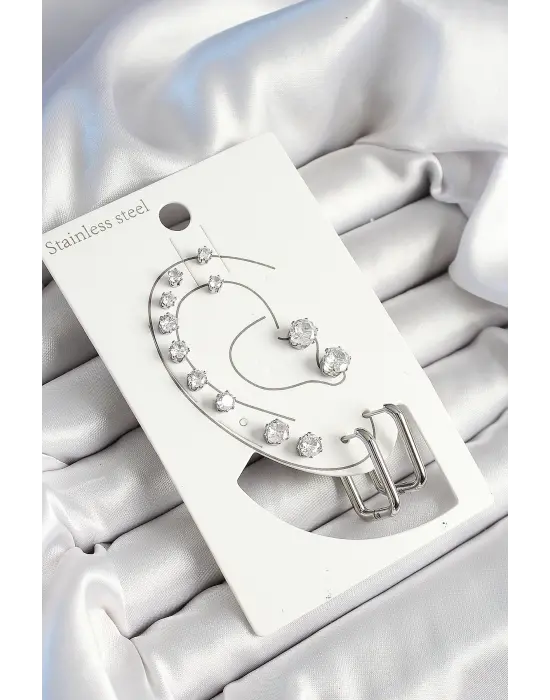 316L Çelik Dikdörtgen Figürlü Ve Zirkon Taşlı Gümüş Renk 7li Çift Kadın Küpe Set