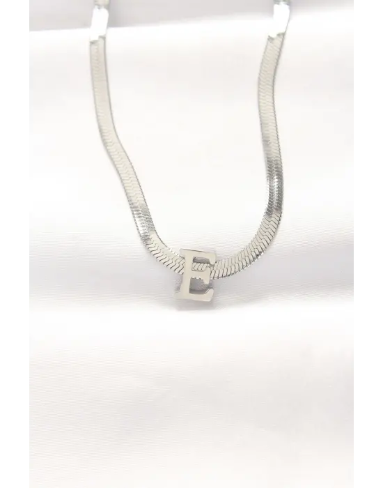  E Harfli Silver  İtalyan Zincirli Çelik Kolye