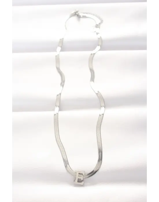  E Harfli Silver  İtalyan Zincirli Çelik Kolye