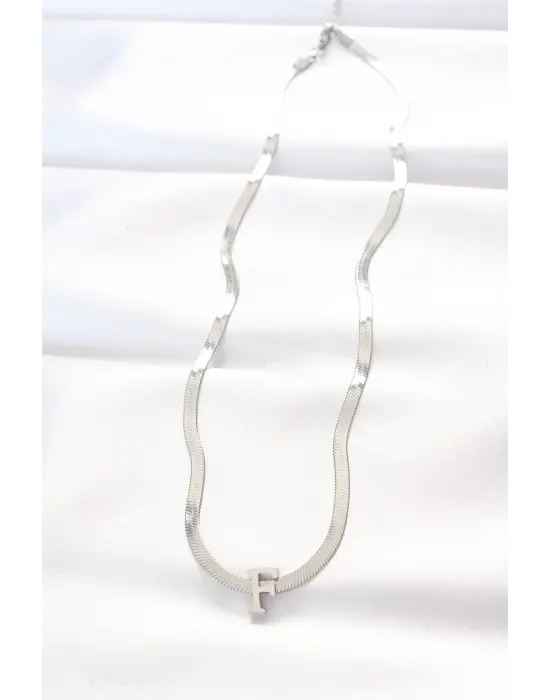  F Harfli Silver  İtalyan Zincirli Çelik Kolye