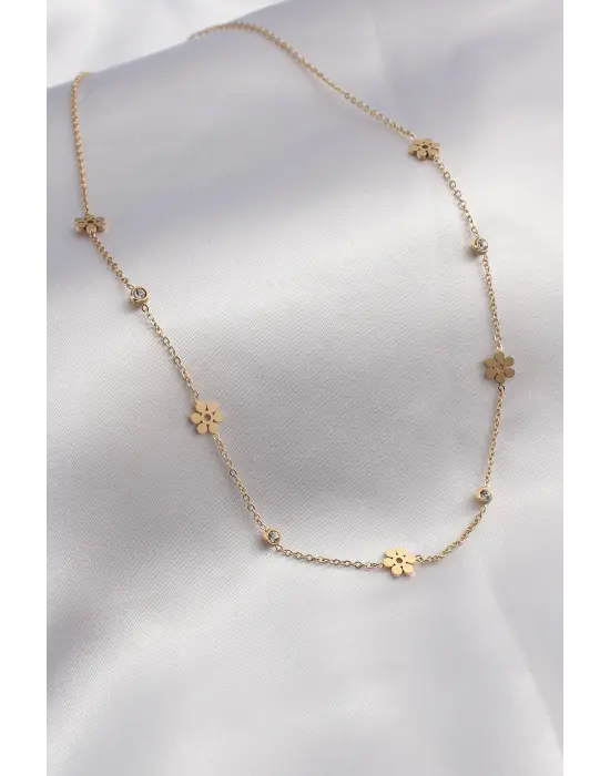 316L Çelik Gold Çiçek Figür Zirkon Taşlı Kadın Kolye