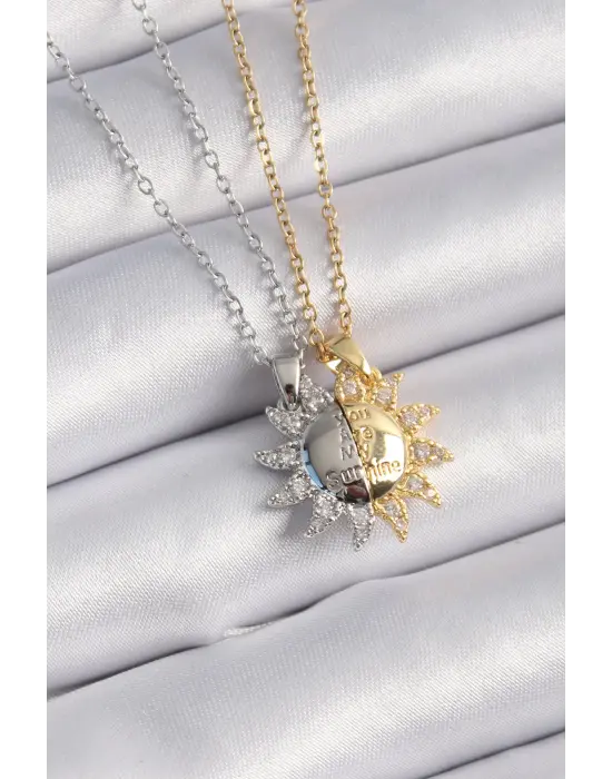  Altın Gümüş  Zirkon Taşlı Güneş Model İşleme Yazı Detay Arkadaşlık Çelik Kolyesi