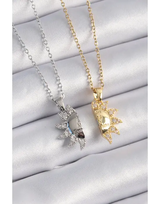  Altın Gümüş  Zirkon Taşlı Güneş Model İşleme Yazı Detay Arkadaşlık Çelik Kolyesi