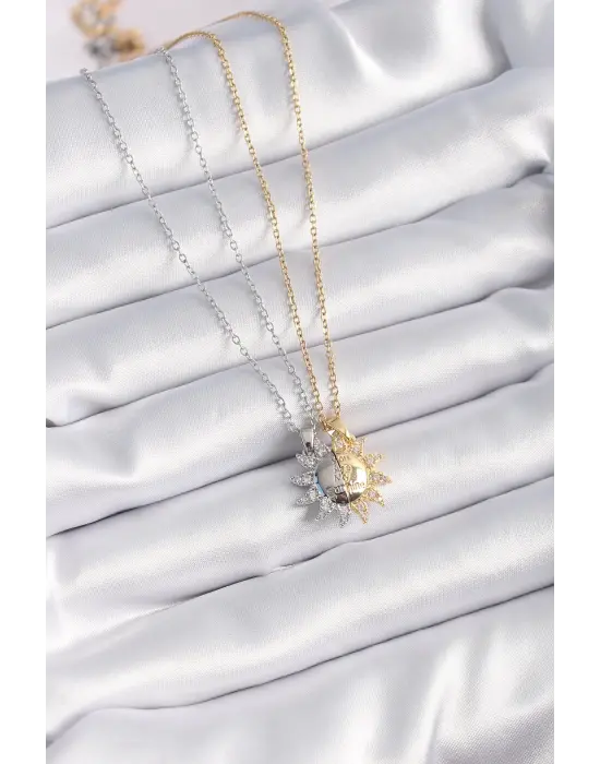  Altın Gümüş  Zirkon Taşlı Güneş Model İşleme Yazı Detay Arkadaşlık Çelik Kolyesi