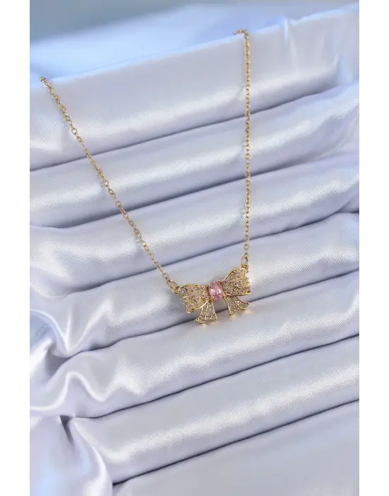 316L Çelik Gold Kurdele Model Zirkon Taşlı Kadın Kolye