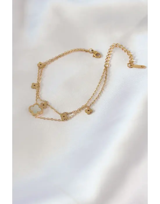 316L Çelik Gold Renk 2li Beyaz Yonca Model Kadın Bileklik