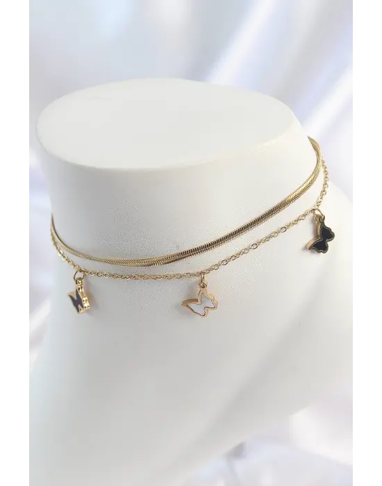 316L Çelik Gold Renk 2Li İalyan Zincir Model Sallantı Kelebek Model Kadın Halhal