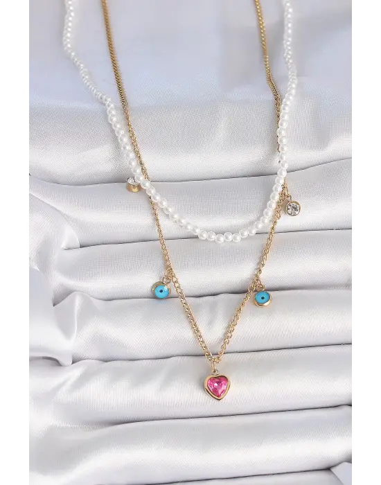 316L Çelik Gold Renk 2Li İnci Zincir Model Pembe Taşlı Kalp Figür Nazar Boncuk Detay Kadın Kolye