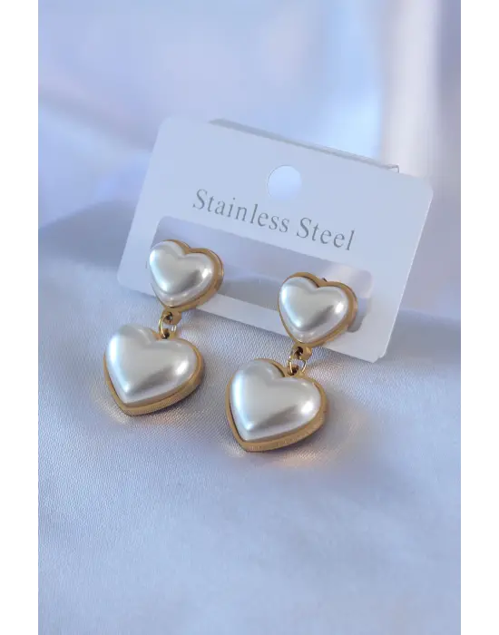   Altın 2li İncili Kalp Model Çelik Küpe