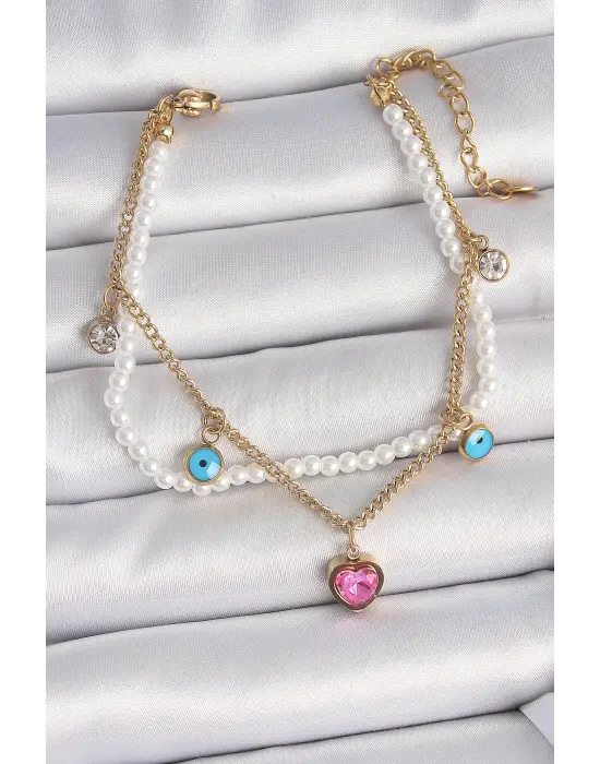 316L Çelik Gold Renk 2Li İncili Zincir Sallantı Pembe Kalp Model Nazar Boncuk Detay Kadın Bileklik