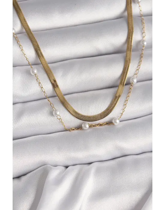  Altın  2Li İtalyan Zincir İnci Detay  Çelik Kolye