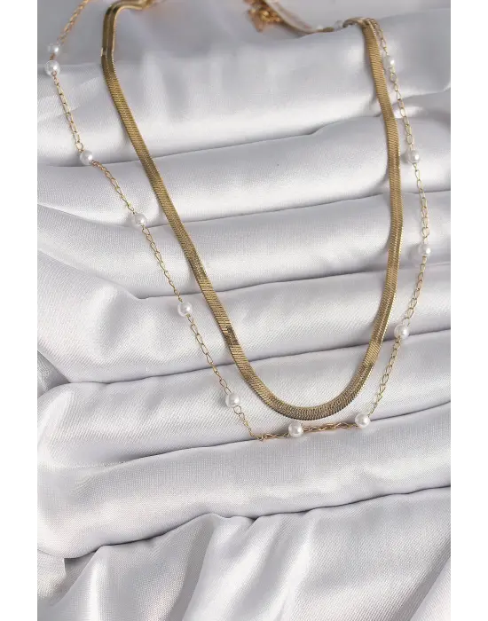  Altın  2Li İtalyan Zincir İnci Detay  Çelik Kolye