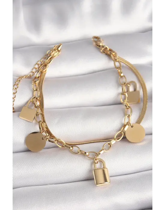 316L Çelik Gold Renk 2Li İtalyan Zincir Kilit Figür Kadın Bileklik