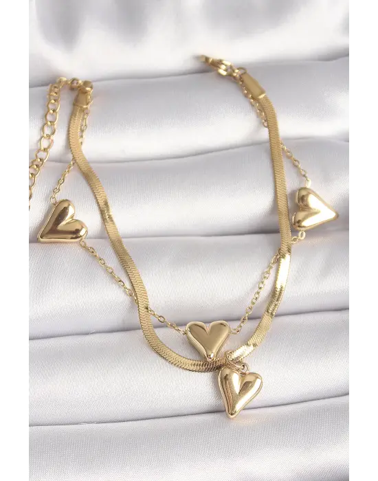 316L Çelik Gold Renk 2Li İtalyan Zincir Model Sallantı Kalp Figür Kadın Bileklik