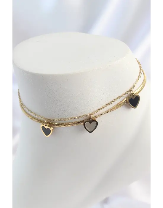 316L Çelik Gold Renk 2Li İtalyan Zincir Model Sallantı Kalp Figür Kadın Halhal