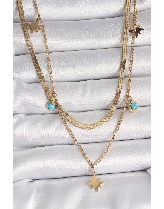 316L Çelik Gold Renk 2Li İtalyan Zincir Model Yıldız Figür Mavi Taş Detay Kadın Kolye