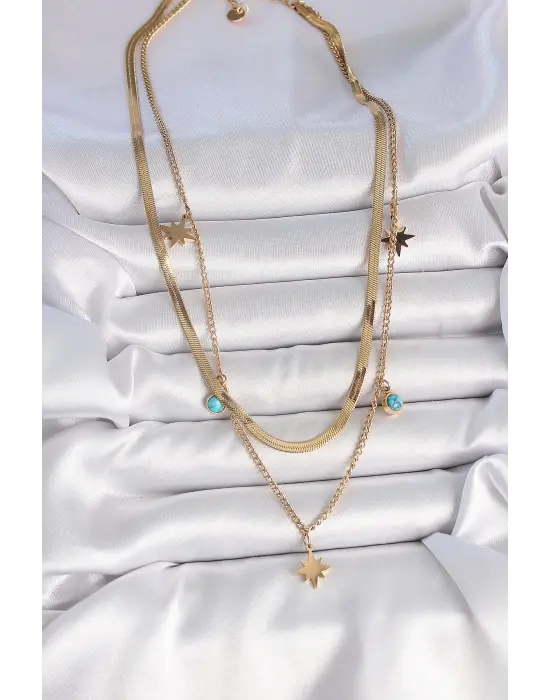 316L Çelik Gold Renk 2Li İtalyan Zincir Model Yıldız Figür Mavi Taş Detay Kadın Kolye