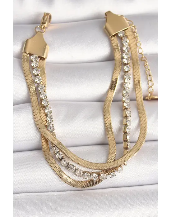 316L Çelik Gold Renk 2Li İtalyan Zincir Model Zirkon Taşlı Kadın Bileklik