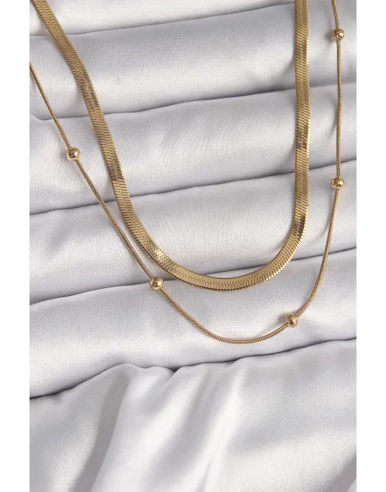  Altın  2Li İtalyan Zincir Topçuk Detay  Çelik Kolye