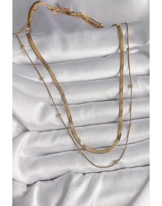  Altın  2Li İtalyan Zincir Topçuk Detay  Çelik Kolye