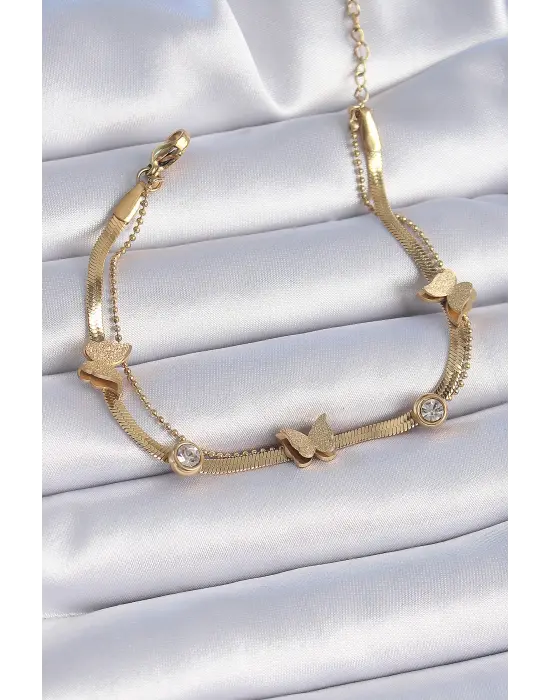 316L Çelik Gold Renk 2li İtalyan Zincir Zirkon Taş Detaylı Kelebek Figür Kadın Bileklik